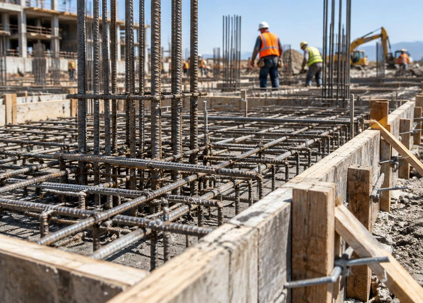 Concrete foundation work on a construction site